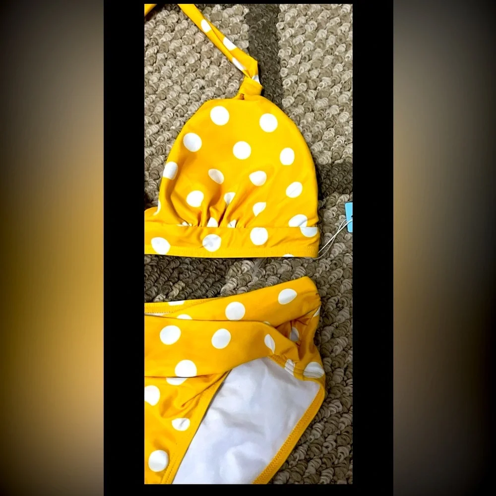 Yonique Yellow polkadot Bikini 2Pc Push Up Halter Top Vintage Style Bottoms NWT